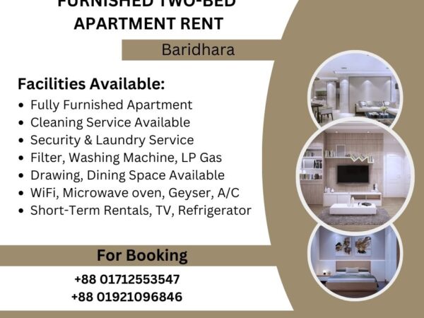 Furnished 2 Bedroom Studio Apartment RENT in Baridhara.