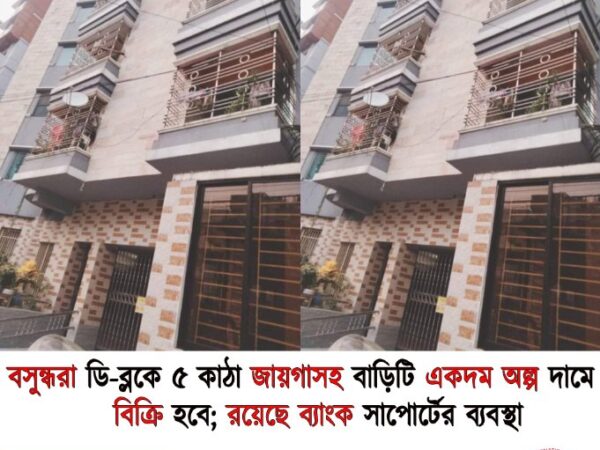 বসুন্ধরা ডি-ব্লকে ৫ কাঠা জায়গাসহ বাড়িটি একদম অল্প দামে বিক্রি হবে; রয়েছে ব্যাংক সাপোর্টের ব্যবস্থা