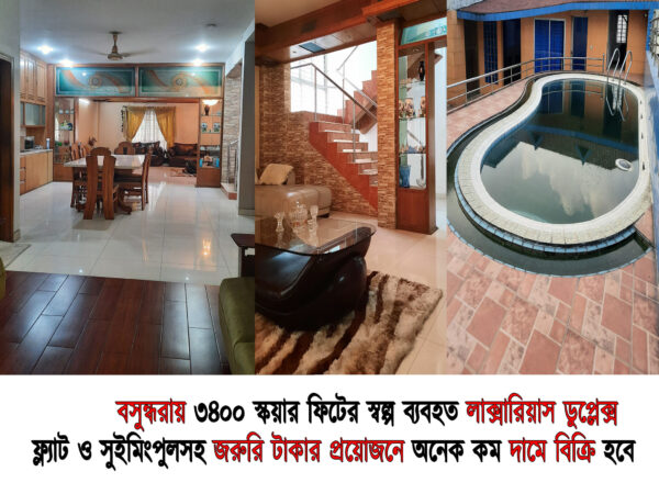 বসুন্ধরায় ৩৪০০ স্কয়ার ফিটের ব্যবহত লাক্সারিয়াস ডুপ্লেক্স ফ্ল্যাট ও সুইমিংপুলসহ অনেক কম দামে বিক্রি